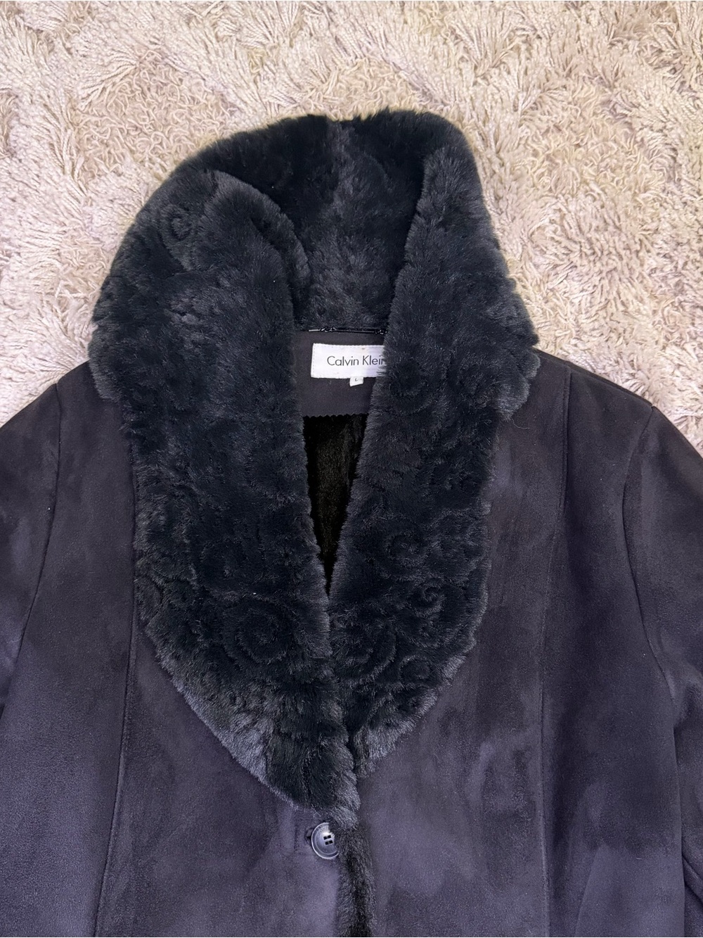 Calvin Klein Womens L Black Faux Shearling Coat Faux Fur Trim Jacket - Picture 3 of 7